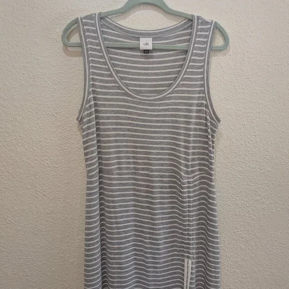 Cabi Stripe Easy Dress Midi Sleeveless Grey White Stripe Large Rouched  5974 - Picture 3 of 11